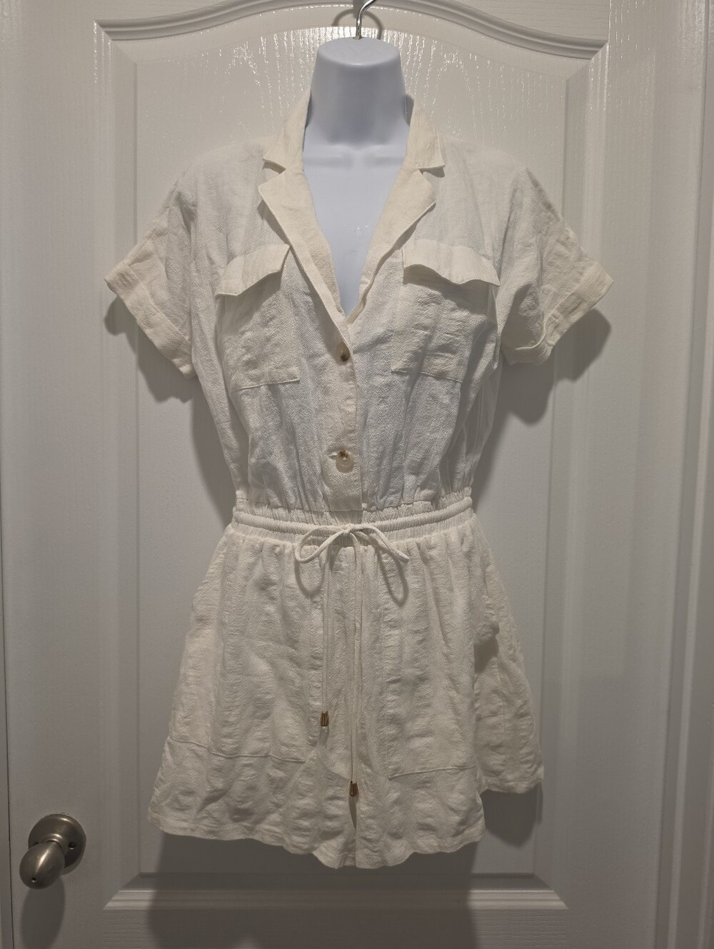 Allie Rose Cream/White Cotton Linen Romper Small Natural Fibers